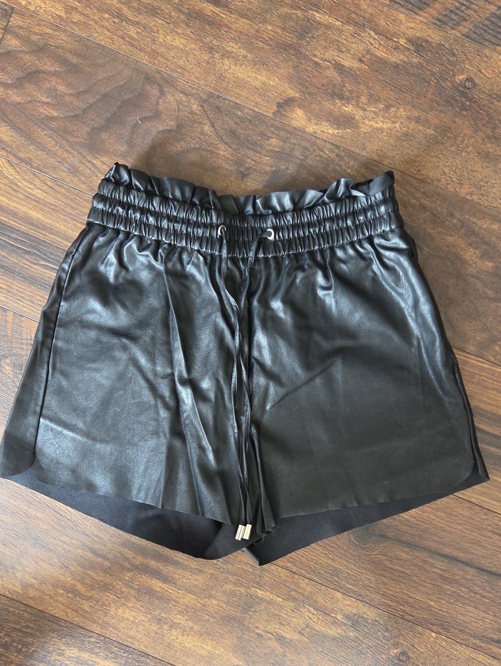 Zenana Outfitters Black Faux Leather Drawstring Athletic Shorts